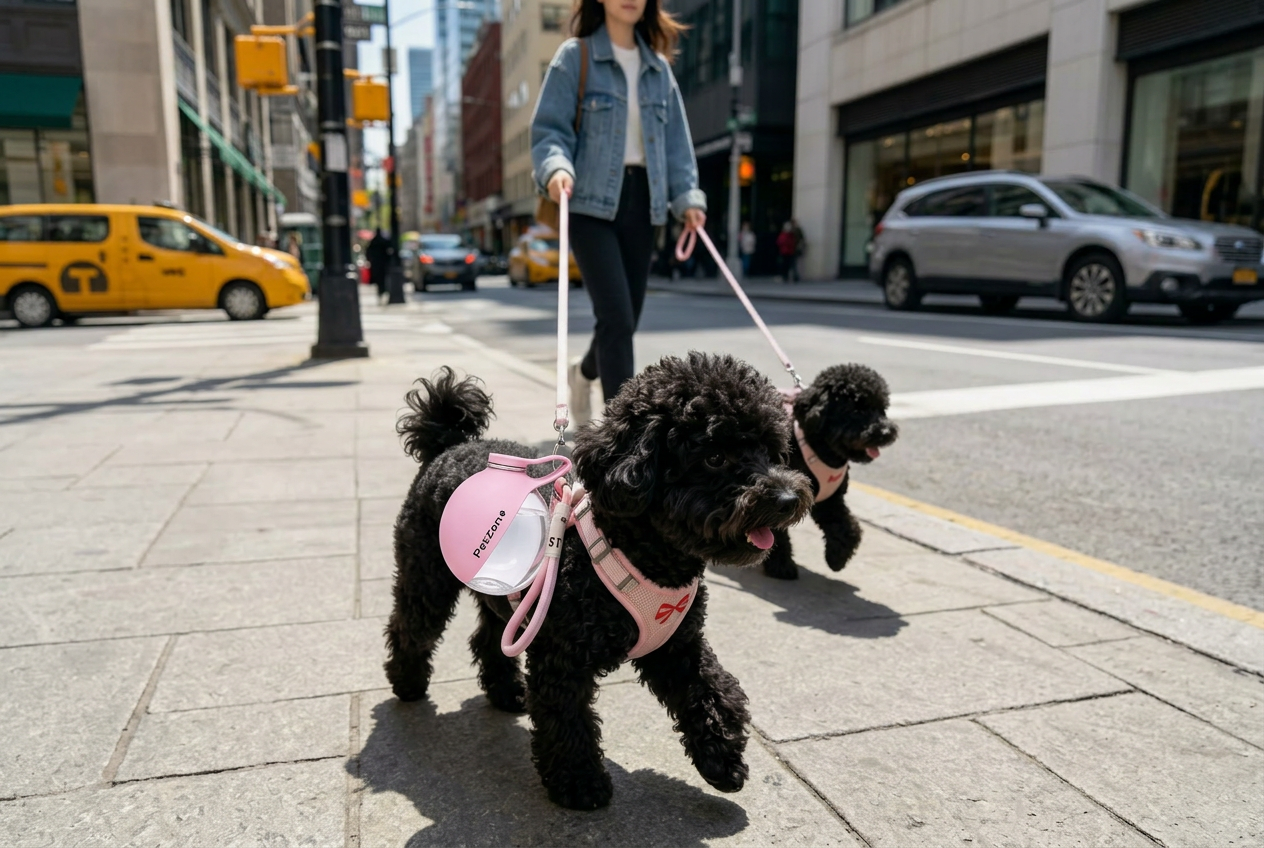 Two dogs hydrating outdoors with PetZen pink portable water bottle clipped to leash