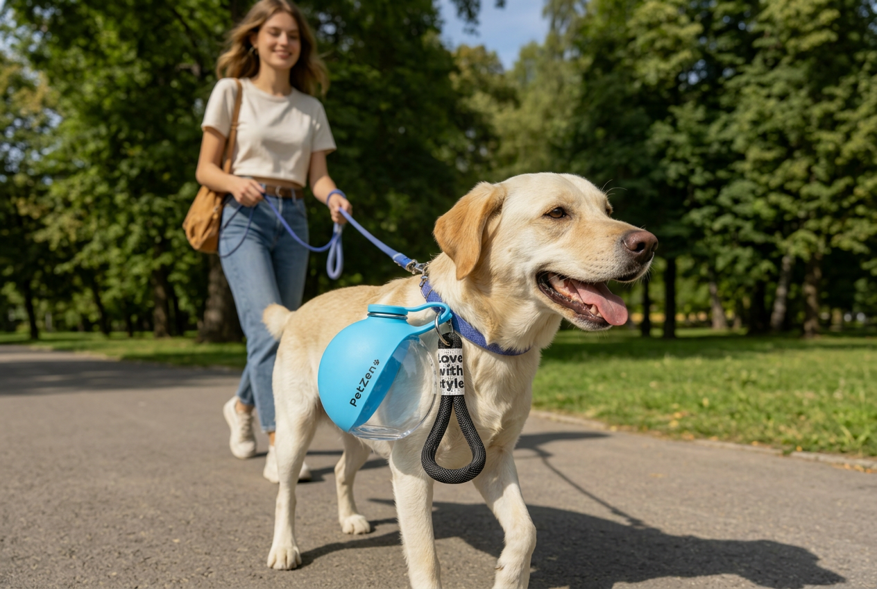 Happy yellow labrador drinking from PetZen blue portable dog water bottle