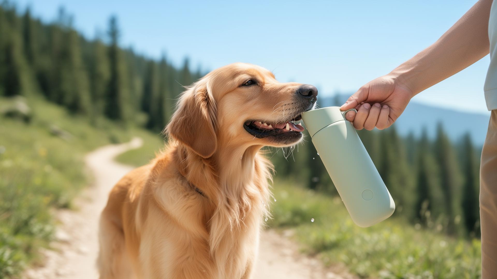 Happy golden retriever drinking from the PetZen portable water bottle on a trail
