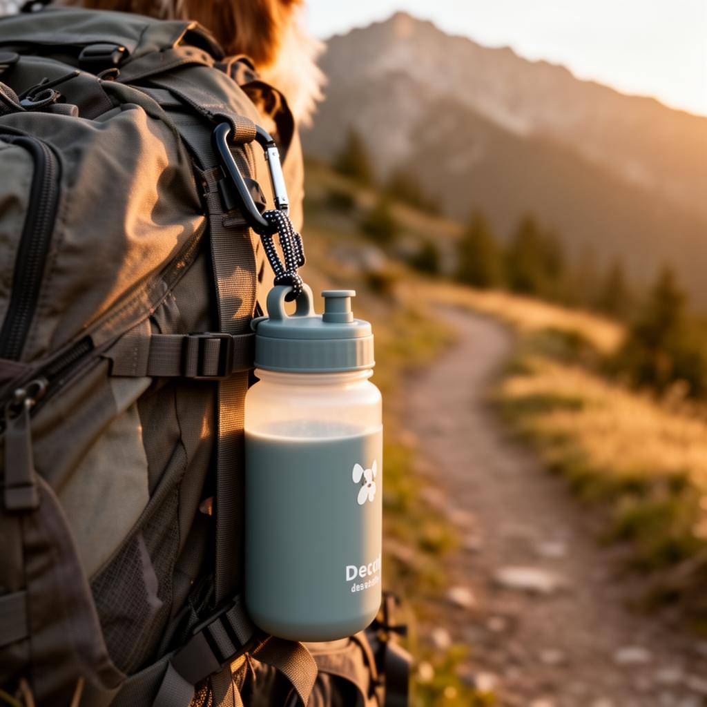 PetZen bottle clipped to a backpack on a mountain trail